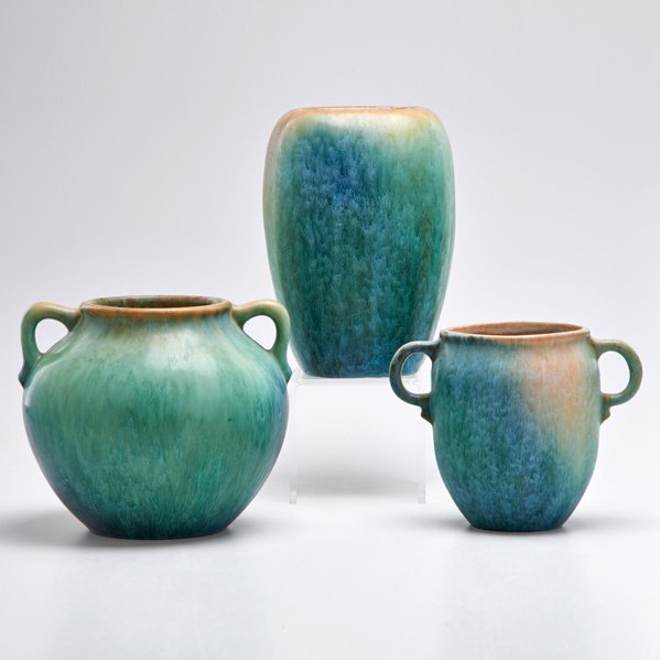 ROSEVILLE: Three Earlam pieces: one bulbous two-handled vase, one 6" vase (518), and one 9" vase (522), Zanesville, OH, 1930; All unmarked; Tallest: 9"