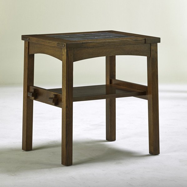 STICKLEY BY EJ AUDI: Contemporary Gustav Stickley style tile-top side table, Manlius, NY, 1990s, Quartersawn oak, glazed tiles; Branded mark, metal tag; 26 1/2" 24" x 20"