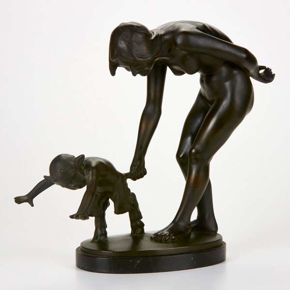 AFTER OTTO PITZ (German 1876-1934): Bronze coated composite of woman and faun on marble base, mid 20th c.; Signed; 14 1/2" x 6" x 16"