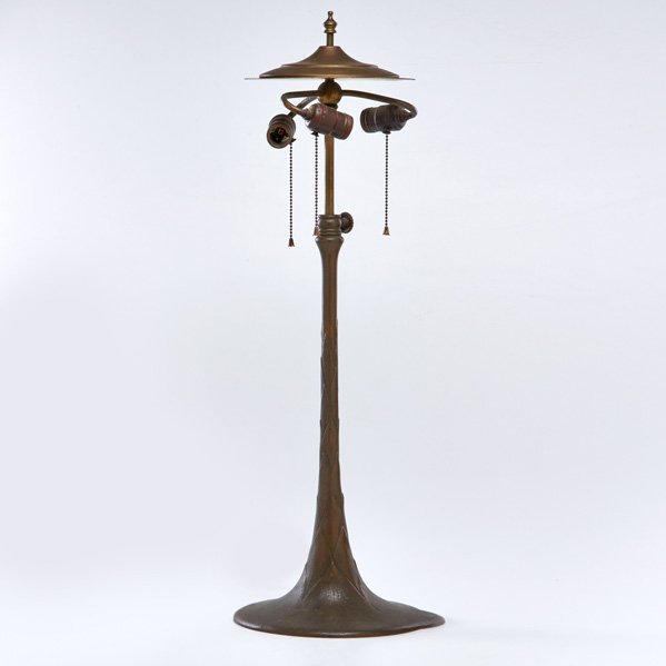 TIFFANY STUDIOS: Three socket lamp, base created using the artichoke base and shaft from bonze smoking stand; 20th c.; Marked TIFFANY STUDIOS/NEW YORK/1651; 30 1/2" x 10" dia.