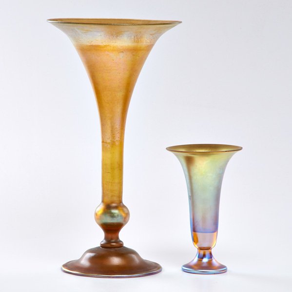 TIFFANY STUDIOS: Two Favrile glass trumpet vases, New York, ca. 1905; One with etched signature; Taller: 15"