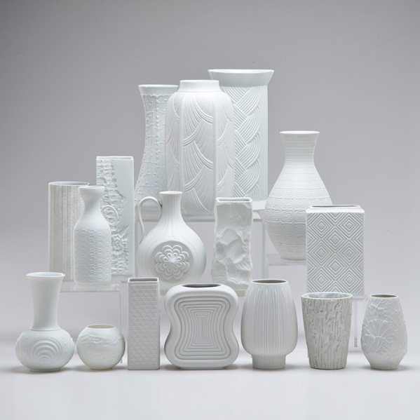 GERMAN PORCELAIN: Seventeen pieces of white bisque, including three Hutschenreuther vases, two Seltmann vases, two KPM vases, etc., Bavaria, mid/late 20th c.; Some with glazed interiors; All marked; Tallest: 10 1/4"