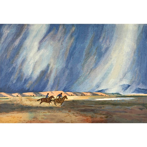 PETER HURD (American, 1904-1984): Screenprint in colors; "Running Before the Storm" (framed); Signed and numbered AP; 27 1/4" x 44 1/2" (sight)
