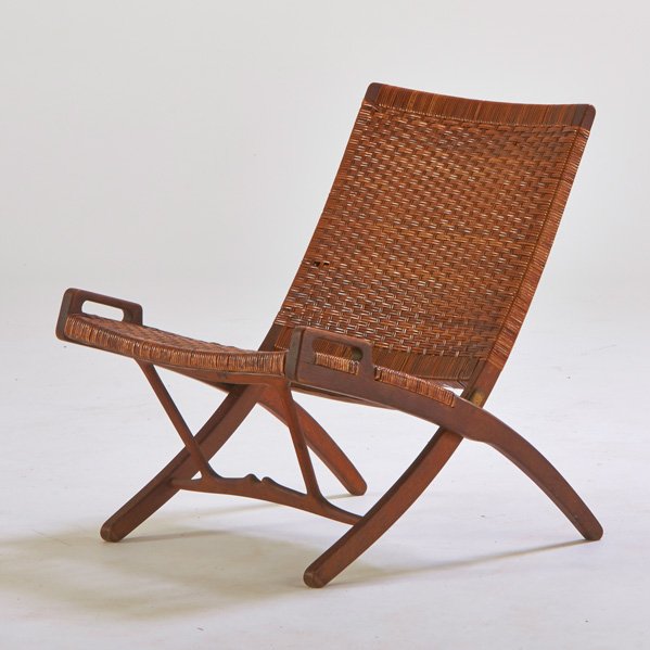 HANS WEGNER; JOHANNES HANSEN: Paduk and split-reed folding chair, Denmark, 1950s; Branded "Johannes Hansen / Copenhagen Denmark" with HG logo; 30 1/2" x 24" x 29"