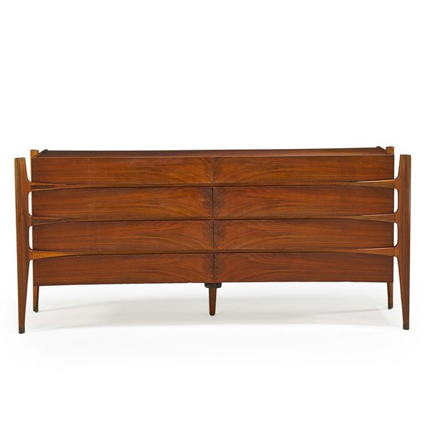 PIET HEIN (Attr.): Long dresser, Denmark, 1960s; Teak, brass; Stamped MADE IN DENMARK; 34 1/2" x 76 1/2" x 23 1/2"