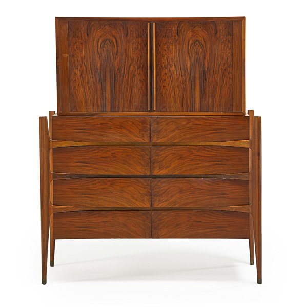 PIET HEIN (Attr.): Tall dresser, Denmark, 1960s; Teak, brass; Stamped MADE IN DENMARK; Overall: 54 1/2" x 45 1/2" x 22 1/2", lower chest: 34 1/2"