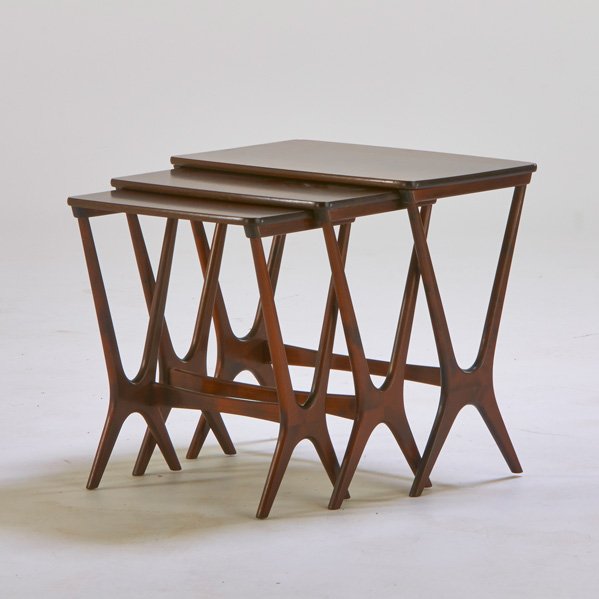 HELTBORG: Three nesting tables, Denmark, 1950s; Stained and lacquered beech; All branded; 21" x 22" x 14"