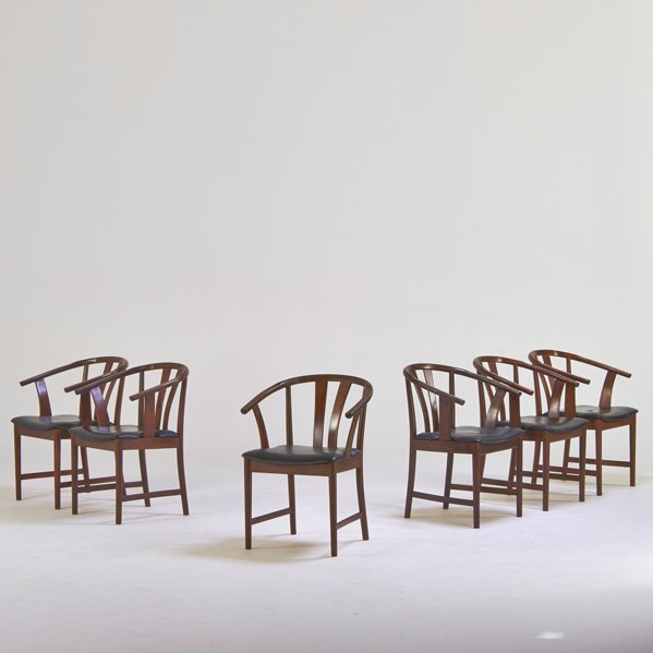 SCANDINAVIAN: Six dining chairs, Sweden, 1960s; Stained and lacquered beech, vinyl; Some stamped "Made in Sweden"; 30" x 18" x 21 1/2"