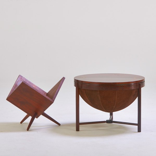 RASTAD OG RELLING: RASMUS SOLBERG: Walnut bookstand and teak sewing stand with leather basket and revolving plastic tray, Norway, 1960s; Sewing stand marked and dated; Larger: 17" x 23 1/2" dia.
