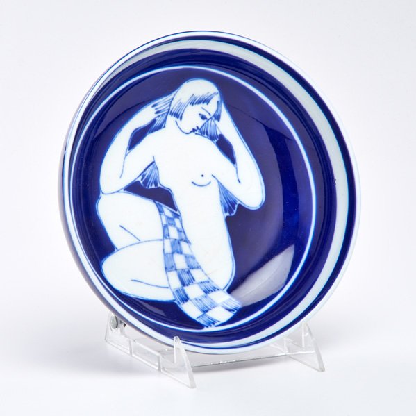 FK JELLBERG; ARABIA STUDIO: Blue bowl with female figure, Finland, 1928; Glazed earthenware; Signed and dated; 8 1/2" dia.