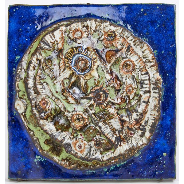 TAISTO KAASINEN; ARABIA: Ceramic wall sculpture, Denmark, 1960s; Signed "T. KAASINEN/ARABIA;" 17 1/2 sq. x 3/4"
