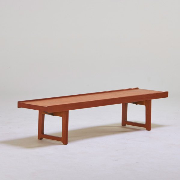 TORBJORN AFDAL; BRUKSBO: Teak bench, Sweden, 1960s; Manufacturer's label; 13 1/2" x 59" x 14 1/2"