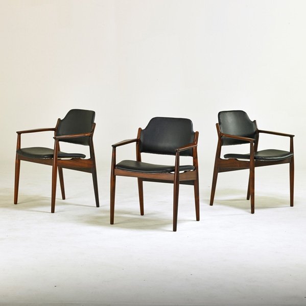 ARNE VODDER; SIBAST: Three armchairs, Denmark, 1960s; Rosewood, leather; Manufacturer labels; 31 1/2" x 25" x 22 1/2"