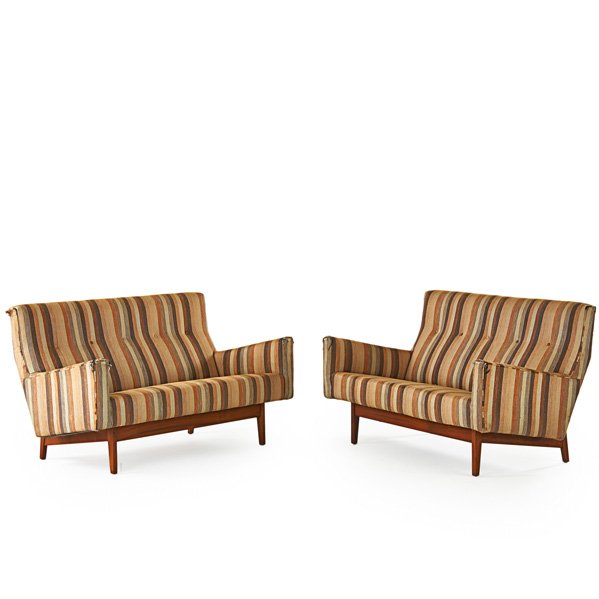 JENS RISOM DESIGN: Pair of sofas, USA, 1960s; Walnut, upholstery; Unmarked; Each: 33 1/2" x 54 1/2" x 30"