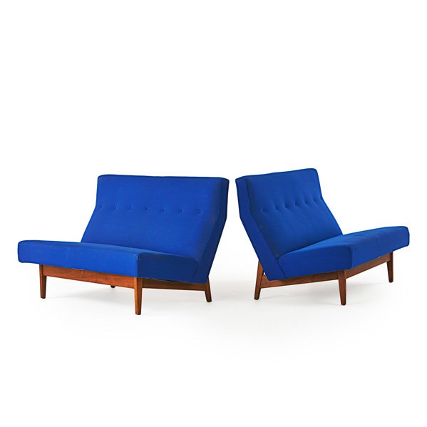JENS RISOM DESIGN: Pair of settees, USA, 1960s; Walnut, upholstery; Remnants of labels; 32 1/2" x 52" x 32"
