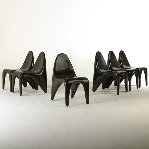 STYLE OF EERO AARNIO: Six side chairs, 1960s; Gel coated fiberglass; Unmarked; 33" x 18" x 24"