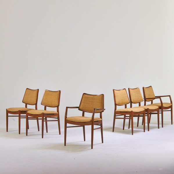 PETER HVIDT & ORLA MOLGAARD-NIELSEN; FRANCE & DAVE: Six dining chairs, two arm- and four side-, Denmark, 1960s; Stained and lacquered beech, wool; Unmarked; 33" x 25" x 22"