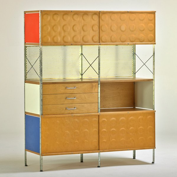CHARLES AND RAY EAMES; MODERNICA: ESU cabinet, Los Angeles, CA, 1990s; Zinc-plated steel, birch plywood, painted masonite; Branded; 58 1/2" x 47 1/2" x 16 3/4"