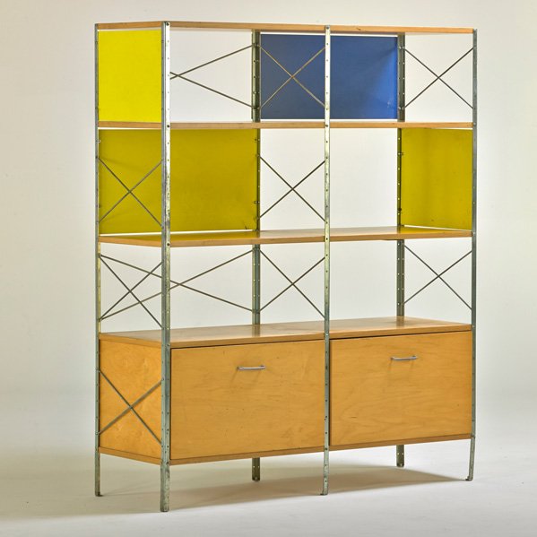 CHARLES AND RAY EAMES; MODERNICA: ESU cabinet, Los Angeles, CA, 1990s; Zinc-plated steel, birch plywood, painted masonite; Branded; 58 1/2" x 47 1/2" x 16 1/2"