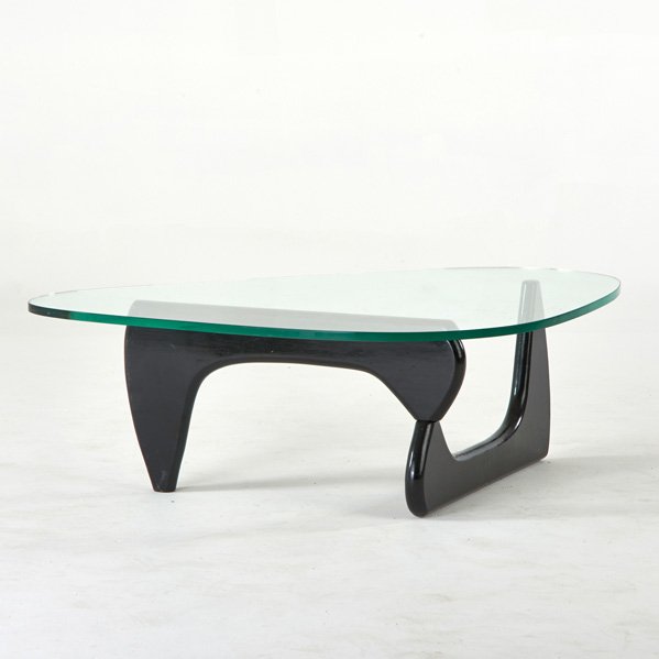 ISAMU NOGUCHI; HERMAN MILLER: IN-50 coffee table, Zeeland, MI, 1950s; Glass, ebonized wood; Unmarked; 16" x 50" x 36"