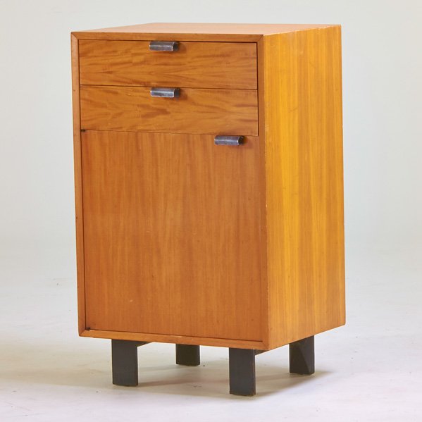 GEORGE NELSON; HERMAN MILLER: Cabinet, Zeeland, MI, 1950s; Bleached mahogany, zinc-plated metal; Foil label; 39 1/2" x 24" x 18 1/2"