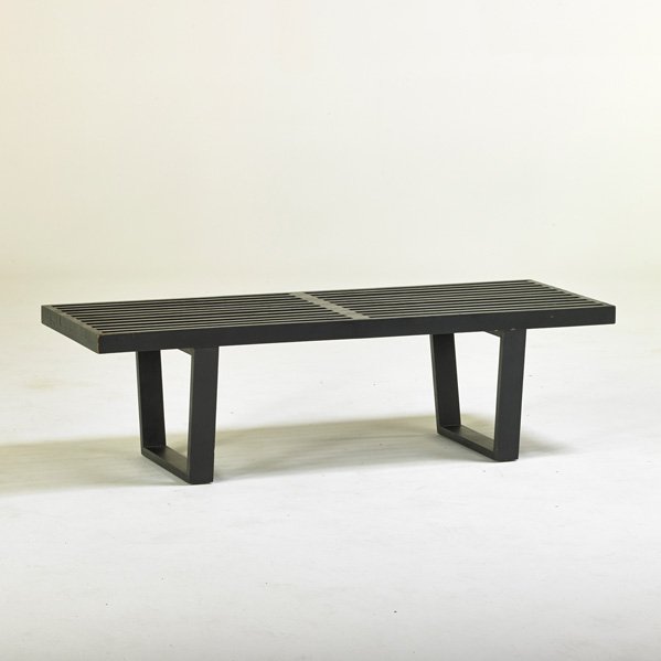 GEORGE NELSON; HERMAN MILLER: Slatted bench, Zealand, MI, 1950s; Ebonized wood; Unmarked; 14" x 48" x 18 1/2"