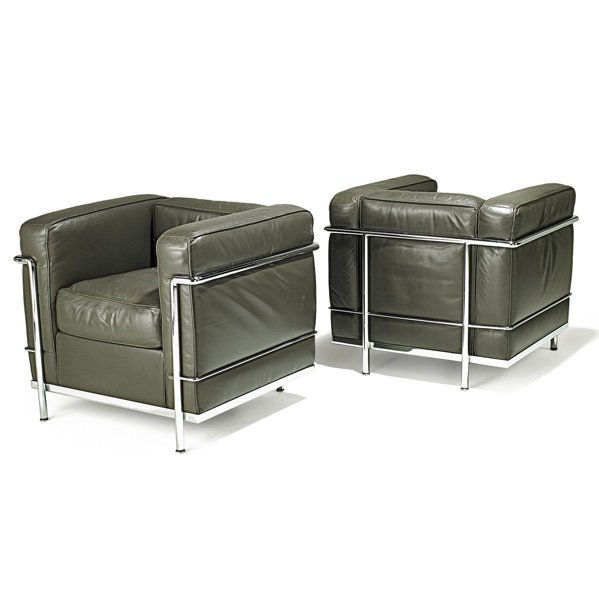 LE CORBUSIER; CASSINA: Pair of LC2 Petit Confort chairs, Italy, 1990s; Chromed steel, leather; Stamped frames; 26 1/2" x 30" x 27 1/2"_x000D_ _x000D_