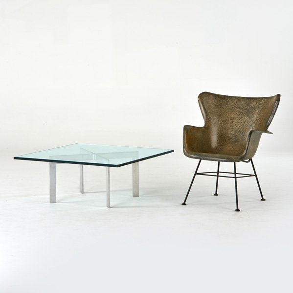 LAWRENCE PEABODY; SELIG; ETC.: Fiberglass shell chair, USA, ca. 1960s; Together with aluminum and glass Barcelona style coffee table; Both unmarked; Chair: 31" x 27" x 25 1/2", cocktail table: 15" x 36" sq.