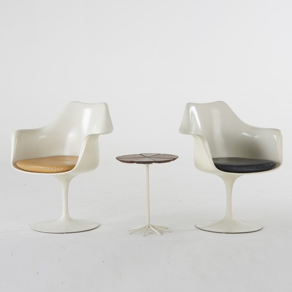 EERO SAARINEN; RICHARD SCHULTZ; KNOLL ASSOCIATES: Pair of Tulip armchairs and Petal occasional table, USA, 1960s; Fiberglass resin, enameled steel, vinyl, teak; All marked;