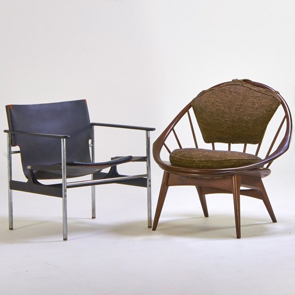CHARLES POLLOCK & IB KOFOD-LARSEN: Two lounge chairs, Denmark/USA, 1950s/60s; Both labeled; Pollock chair: 28 1/2" x 25" x 26 1/2"; Kofod-Larsen chair: 32" x 34" x 27"
