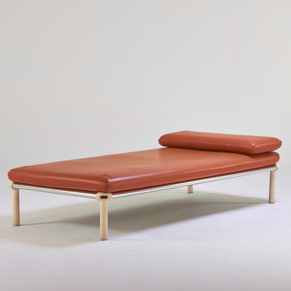 BRUCE HANNAH; KNOLL INTERNATIONAL: Daybed, New York, 1960s; Chromed and enameled steel, vinyl; Upholstery label; 18" x 85" x 39"
