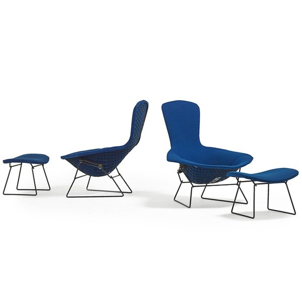 HARRY BERTOIA; KNOLL: Pair of Bird chairs with ottomans, USA, 1970s; Enameled steel, wool; Manufacturer's labels; Chairs: 38 1/2" x 38" x 36", ottomans: 14" x 24" x 17"