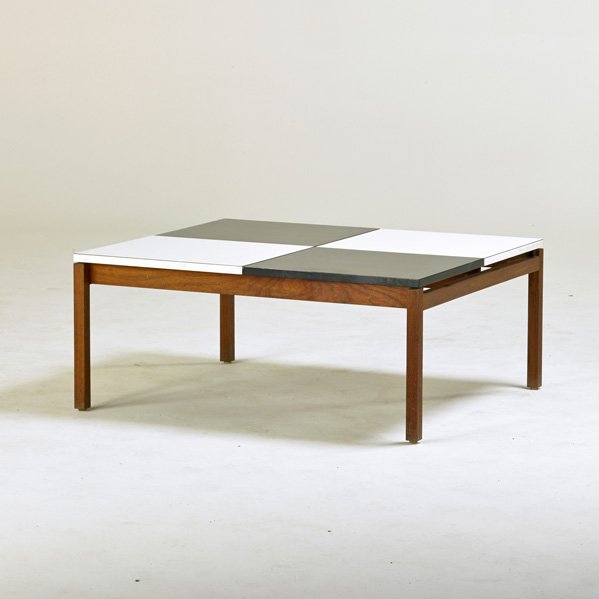 LEWIS BUTLER; KNOLL INTERNATIONAL: Coffee table, Ontario, CA, 1950s; Walnut, laminate; Manufacturer and retailer labels; 16" x 38" x 34"