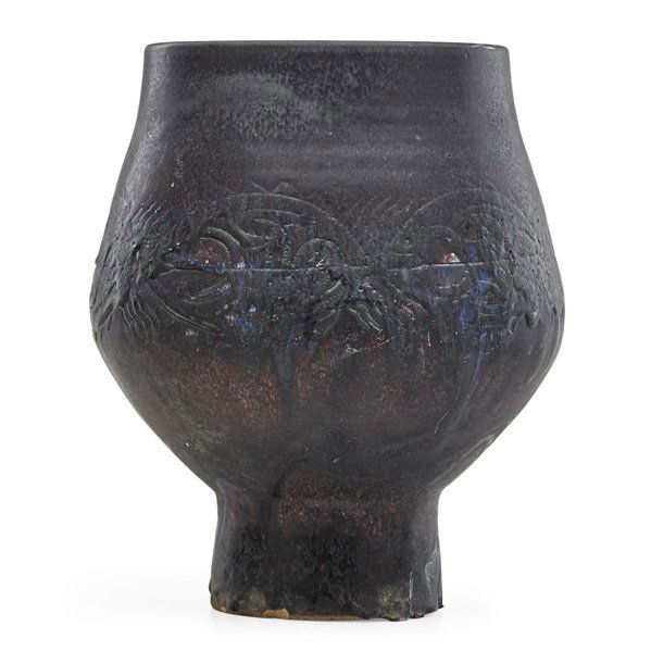 EDWIN AND MARY SCHEIER: Large footed coupe with stylized figures, black and purple glaze, Green Valley, AZ, 1990; Signed and dated; 14 1/2" x 12"