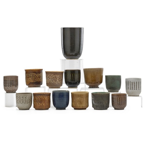 EDWIN AND MARY SCHEIER: Fourteen assorted glaze tests/planters; Most signed, some dated, most with code numbers for glazes; Largest: 6 3/4" x 5"