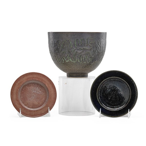 EDWIN AND MARY SCHEIER: Bowl and two ashtrays; All signed, vase dated 1988; Bowl: 6" x 8", ashtrays: 6" dia.