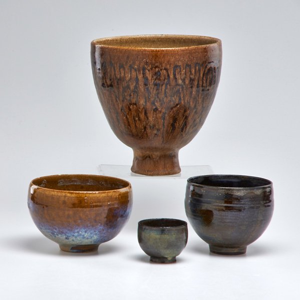 EDWIN AND MARY SCHEIER: Four stoneware pieces: large footed coupe, two bowls, and miniature bowl, USA, second half 20th c.; All signed; Largest: 8 1/4" x 8" dia.