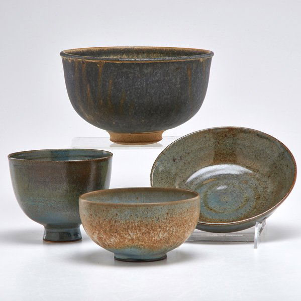 EDWIN AND MARY SCHEIER; ETC.: Four stoneware bowls, USA, first half 20th c.: Edwin and Mary Scheier, F. Carlton Ball, William Wyman; All marked; Largest: 8 1/4" dia.