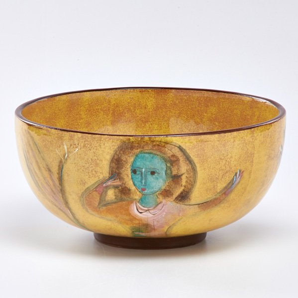 POLIA PILLIN (1909 - 1992): Glazed ceramic bowl depicting women, birds, and trees, California, second half 20th c.; Signed Pillin; 4 1/2" x 9 1/4" dia.