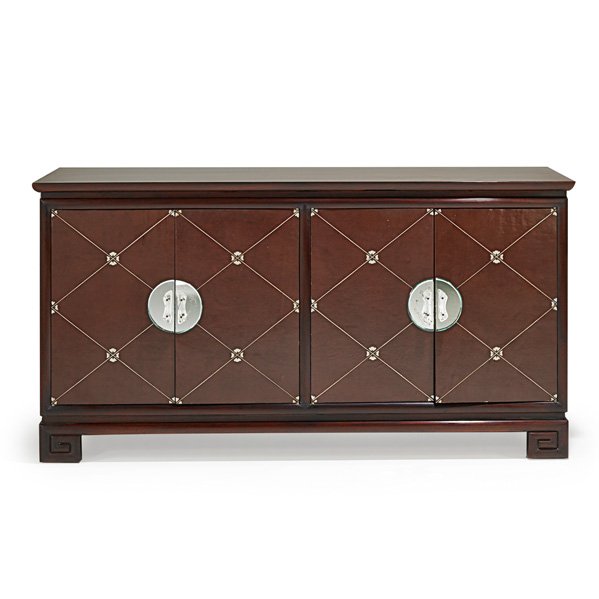 GROSFELD HOUSE: Cabinet, USA, 1950s; Stained and lacquered mahogany, tooled leather, glass, acrylic; Unmarked; 34" x 66" x 21"_x000D_