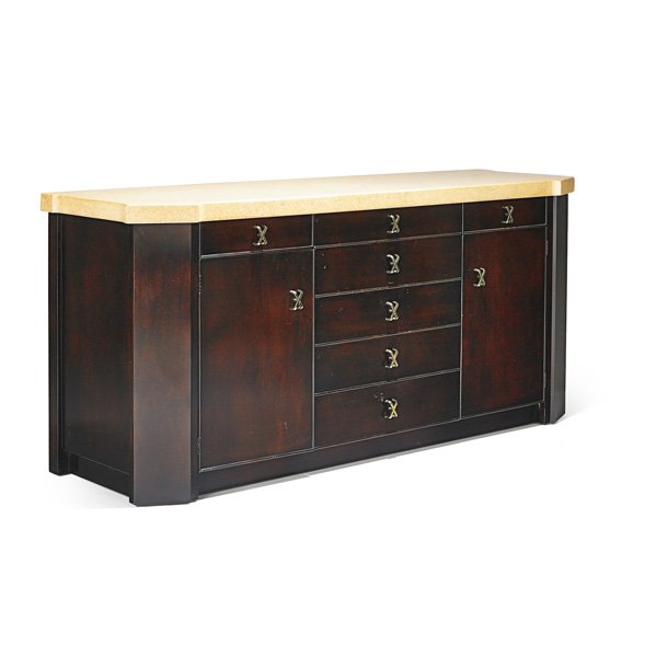 PAUL FRANKL: Cabinet, Grand Rapids, MI, 1940s; Lacquered cork and mahogany, brass; Branded; 32 1/2" x 72" x 21" _x000D_