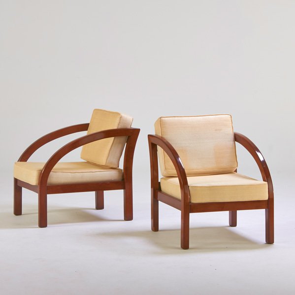 PAUL FRANKL: Pair of D lounge chairs, USA, 1920s; Lacquered hardwood, silk upholstery; Unmarked; 32" x 24 1/2" x 32"
