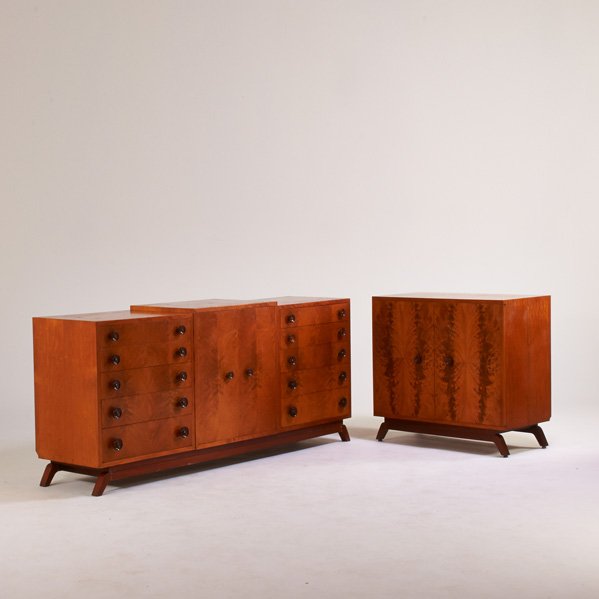 EUGENE SCHOEN (Attr.): Two cabinets, USA, 1940s; Paldao, mahogany, brass; Unmarked; 37" x 85" x 20", 36 1/2" x 38" x 20"