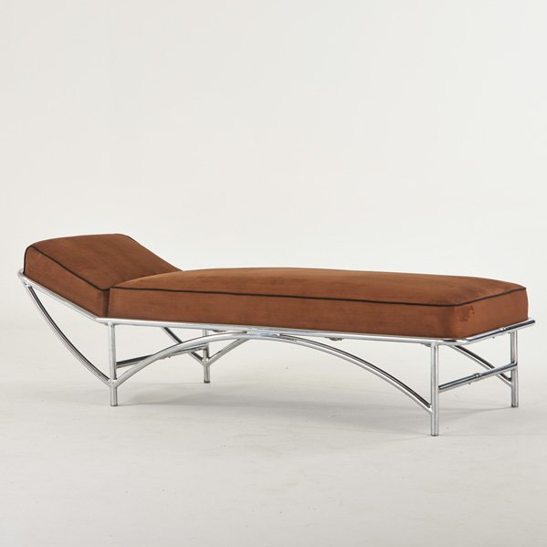 K.E.M. WEBBER STYLE: Chaise lounge, USA, 1930s; Chromed steel, suede; Unmarked; 23 1/2" x 74 1/2" x 27"