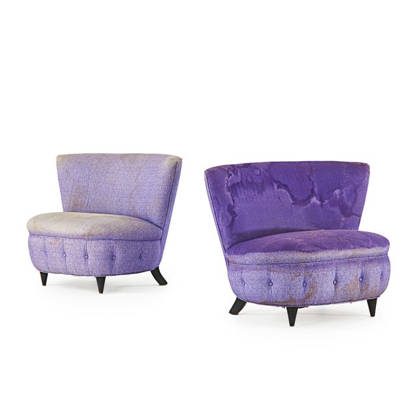 GILBERT ROHDE; HERMAN MILLER: Pair of lounge chairs, Zeeland, MI, 1940s; Painted wood, upholstery; Unmarked; 28 1/2" x 40" x 30"