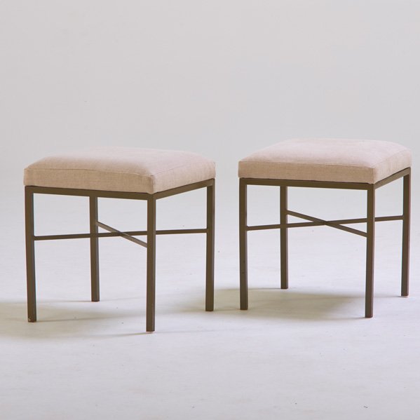 FREDERIC WEINBERG: Pair of stools, Philadelphia, PA, 1950s; Enameled steel, canvas; Upholstery labels; 18 1/2" x 17" x 17"