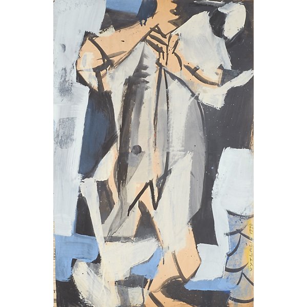 VACLAV VYTLACIL (American, 1892-1984): Two acrylic on newsprint "Abstract Figure, Blue," 1970 and "Woman with Rooster," 1970; Both signed and dated; Both: 38" x 24 7/8" (sheet)