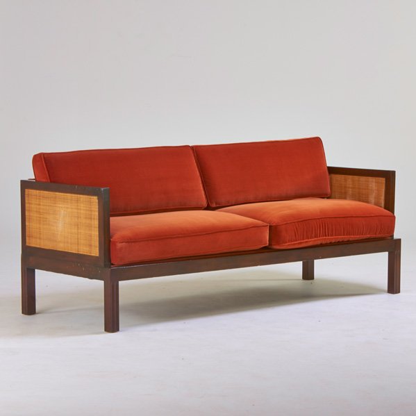 BAKER: Sofa, USA, 1960s; Stained and lacquered wood, cane, velour; Unmarked; 32" x 77" x 30"