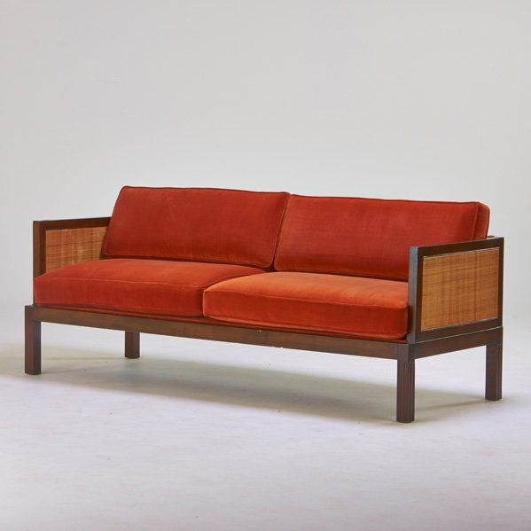 BAKER: Sofa, USA, 1960s; Stained and lacquered wood, cane, velour; Unmarked; 32" x 77" x 30"