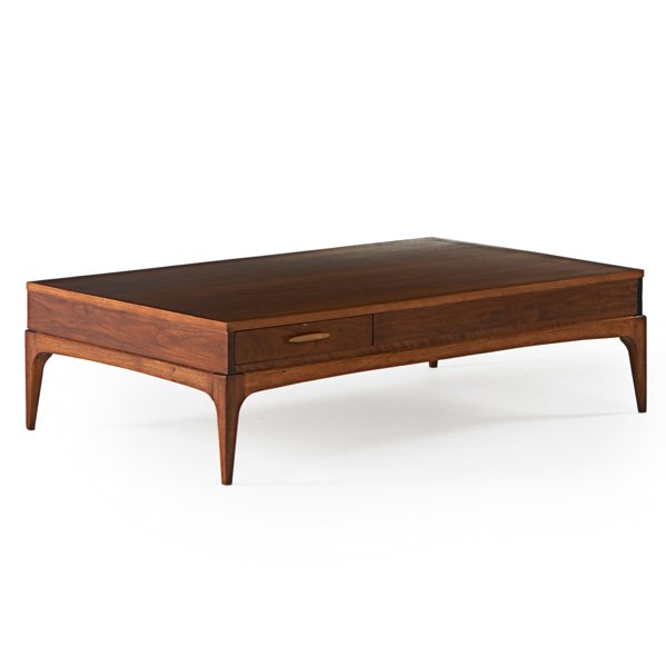 LANE: Coffee table with through drawer, Altavista, Virginia, 20th c.; Walnut, brass plated hardware; Branded; 14 3/4" x 52" x 32"